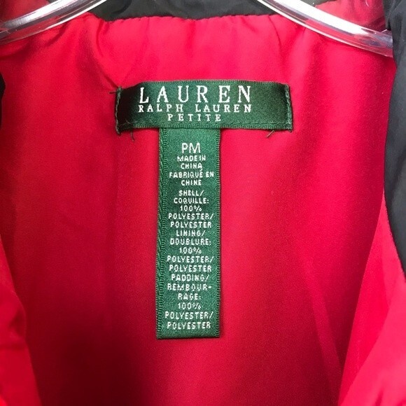 Lauren Ralph Lauren Black and Red Puffer Vest Gold Metal Accents Petite Medium - Picture 4 of 5